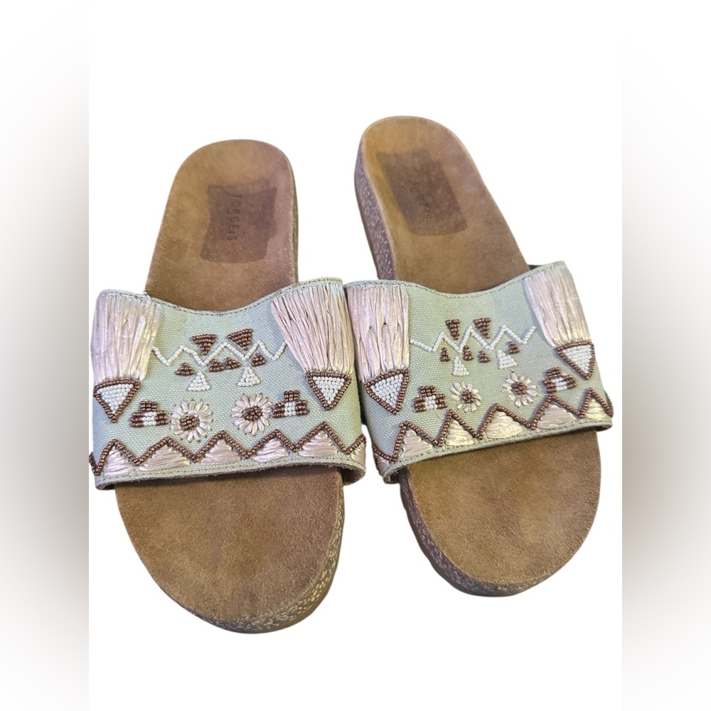 Torgeis Boho Chic Embroidered Sandals - Blue and Tan